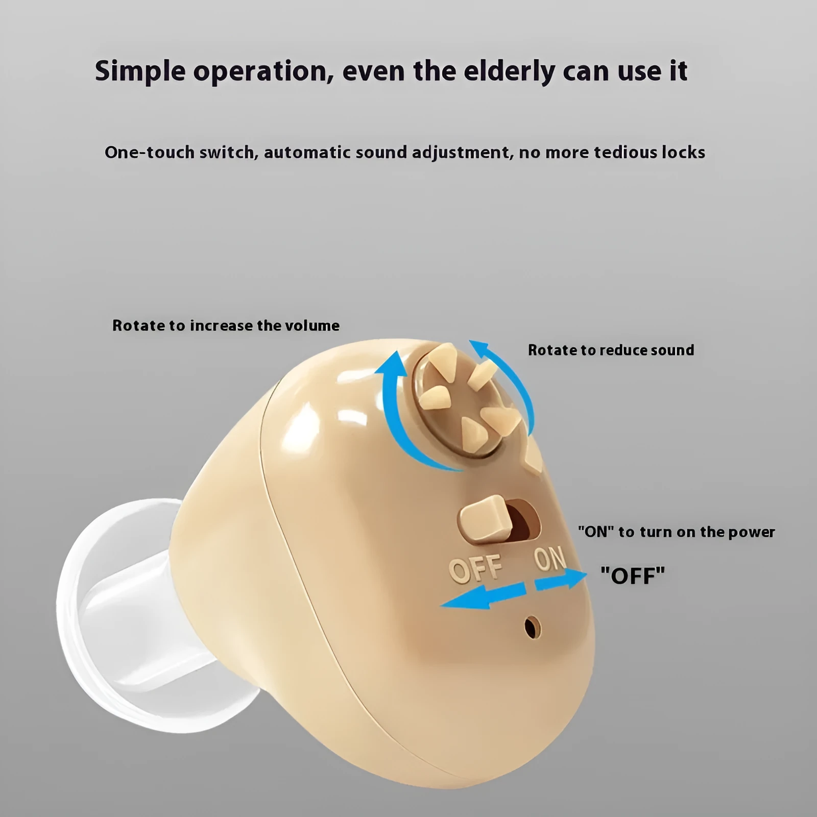 Rechargeable in-the-ear hearing aid with intelligent noise reduction for elderly users