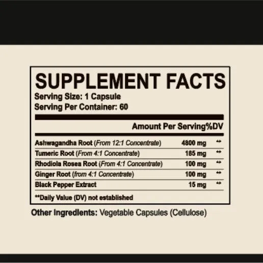 Bottle of Ashwagandha capsules supplement, 60 count, black packaging