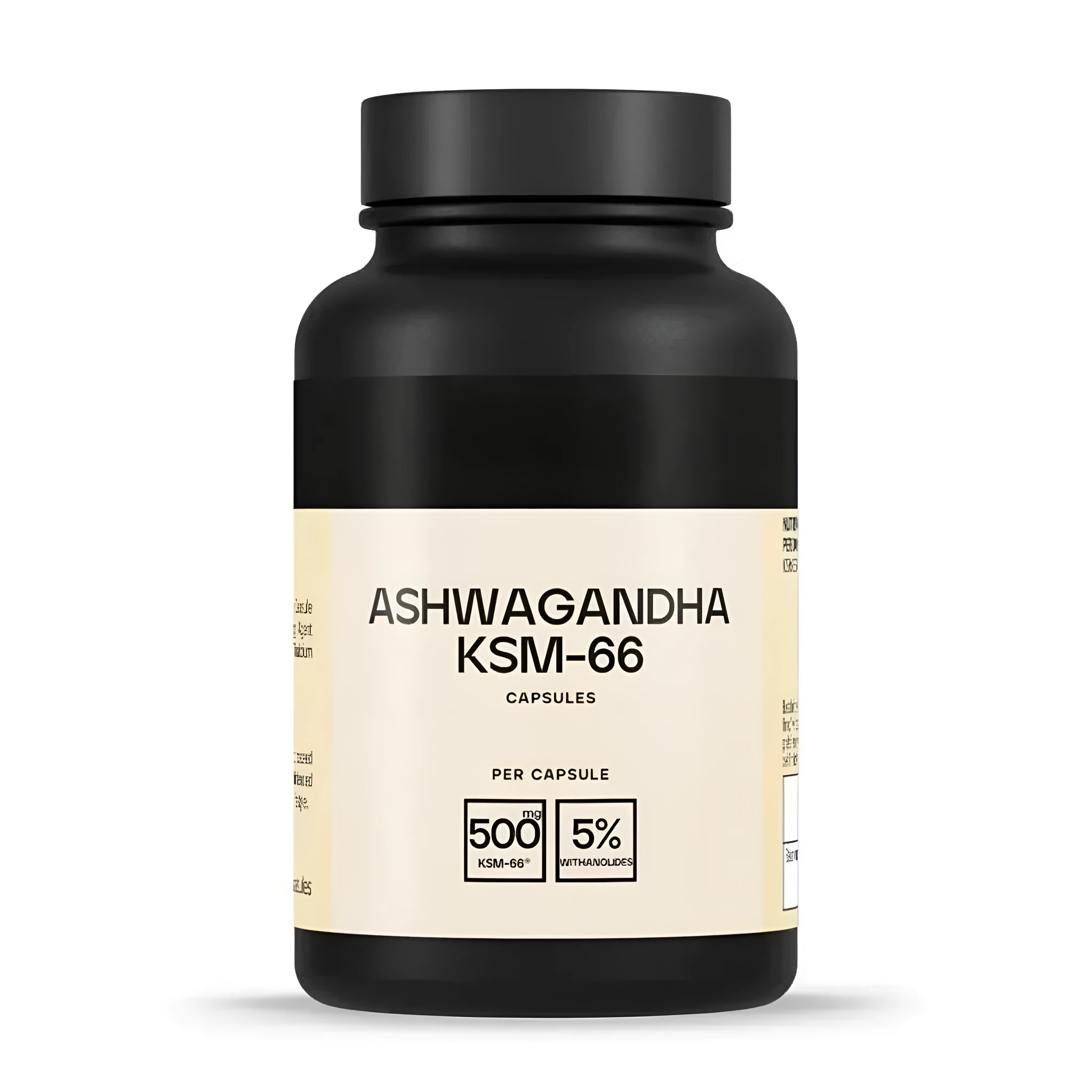 Bottle of Ashwagandha capsules supplement, 60 count, black packaging