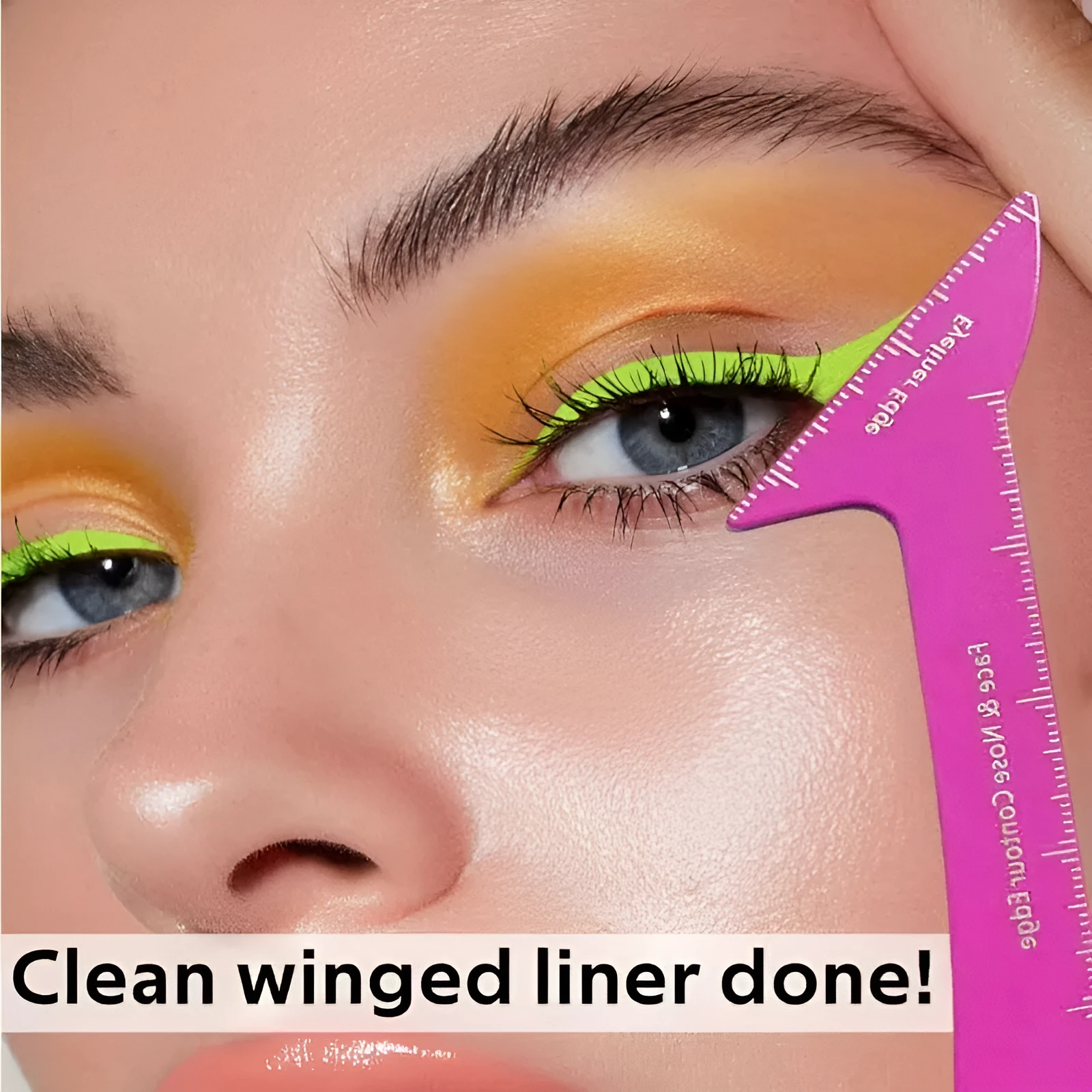 Close-up of reusable plastic eyeliner stencils for creating winged liner and face contour on hooded eyes