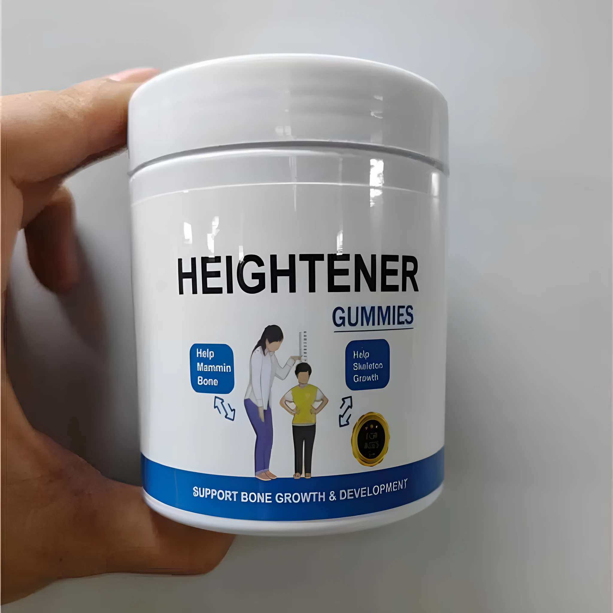 Sealed container of 60 chewable height gummies vitamin supplement for growth support