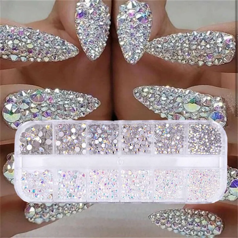 AB rhinestone decoration in 12-grid long strip box for nail art sequins