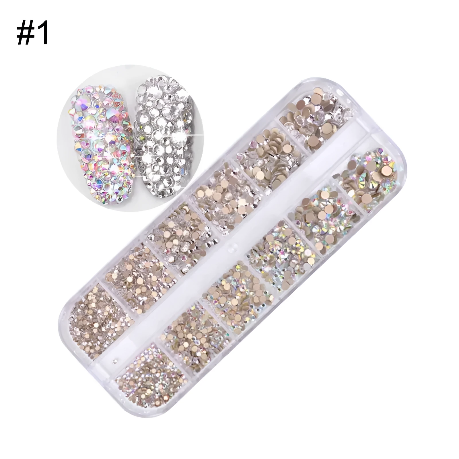 AB rhinestone decoration in 12-grid long strip box for nail art sequins