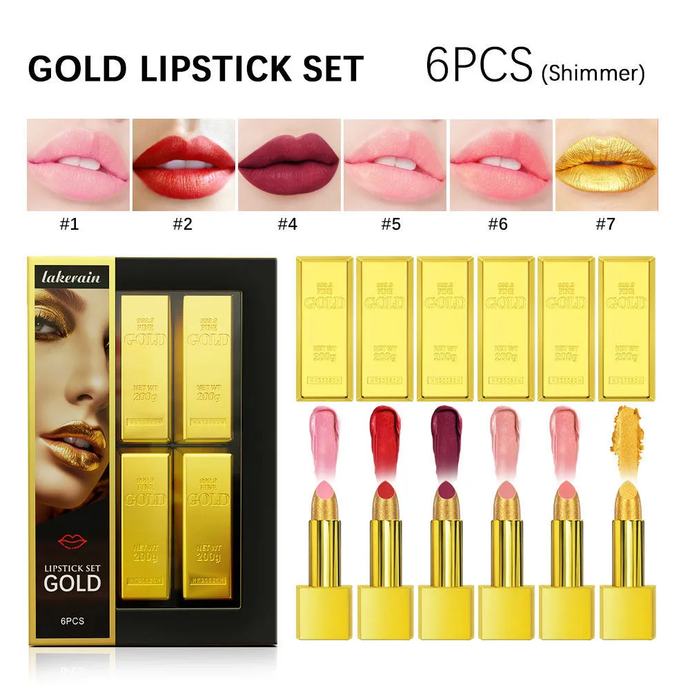 Gold brick lipstick kit set of 6 full coverage lipsticks in gold brick tube design