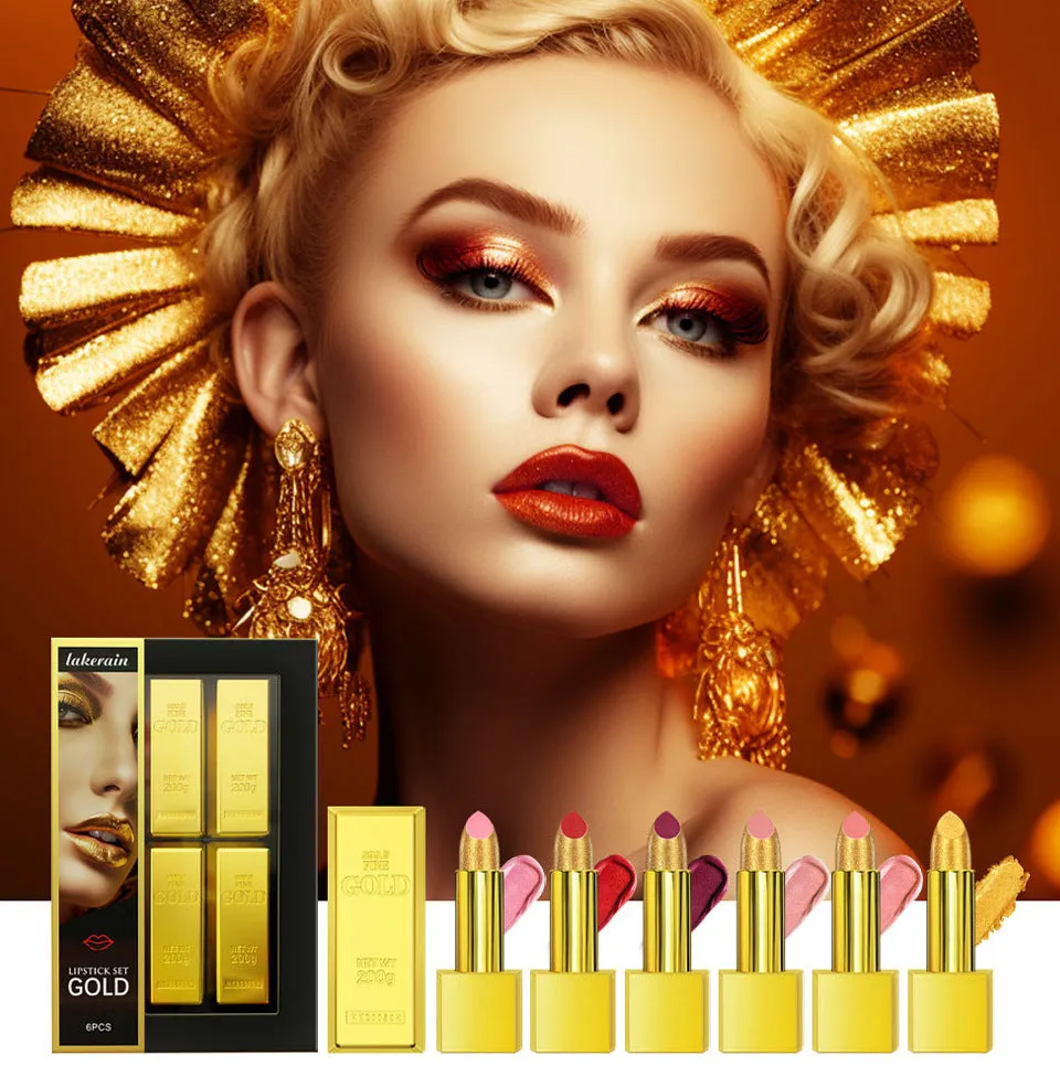 Gold brick lipstick kit set of 6 full coverage lipsticks in gold brick tube design