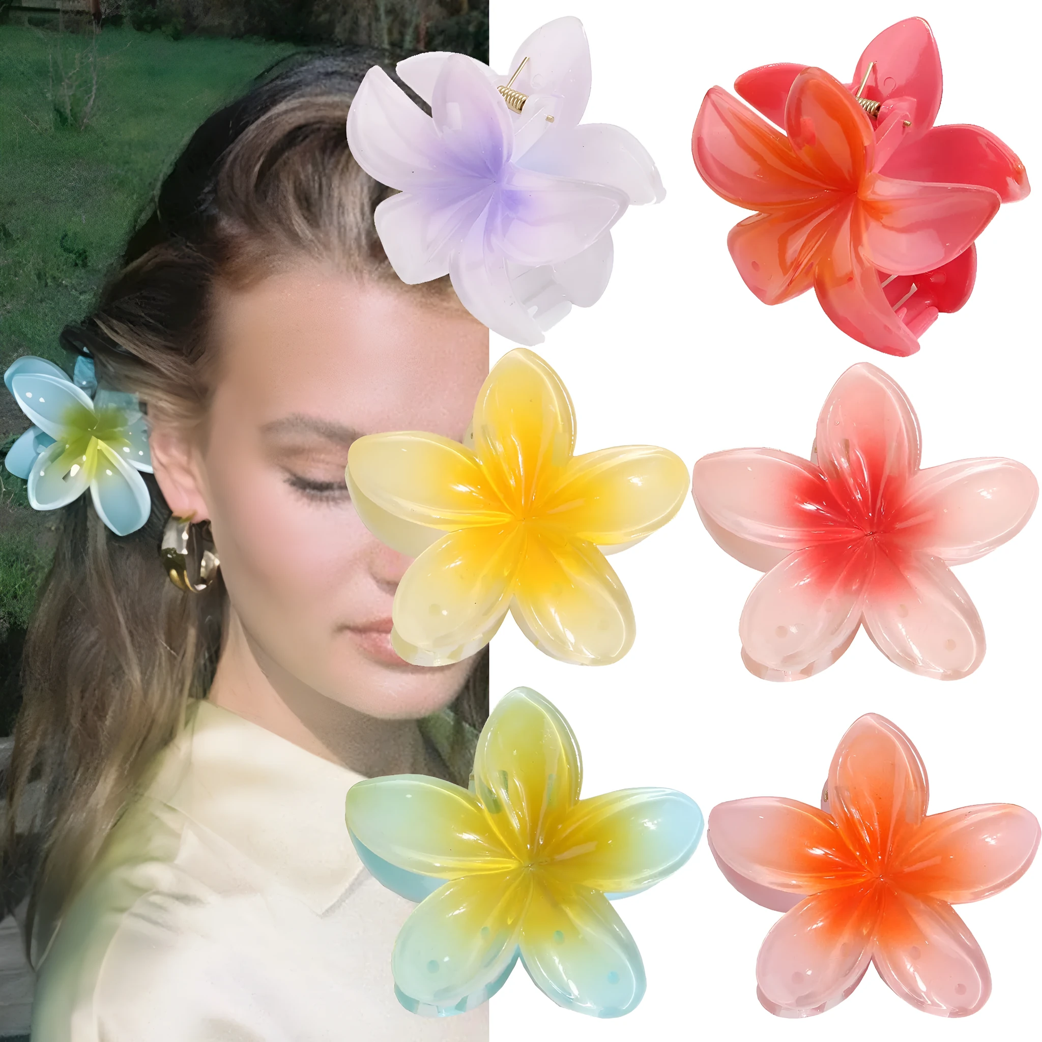 Muweordy plumeria hair claw clip in blue, a decorative flower hair accessory made from plastic and resin.