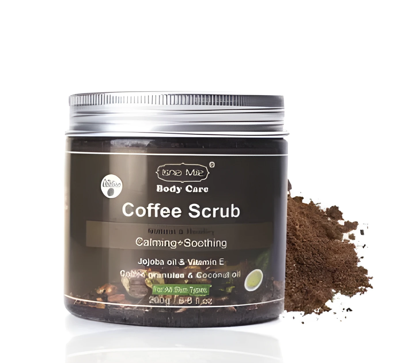 Jar of Coconut Oil Coffee Scrub exfoliating deep cleansing granules with coffee and coconut oil ingredients