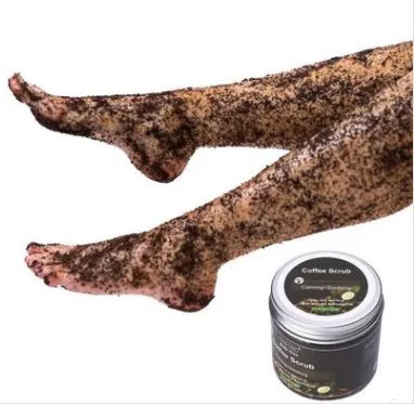 Jar of Coconut Oil Coffee Scrub exfoliating deep cleansing granules with coffee and coconut oil ingredients