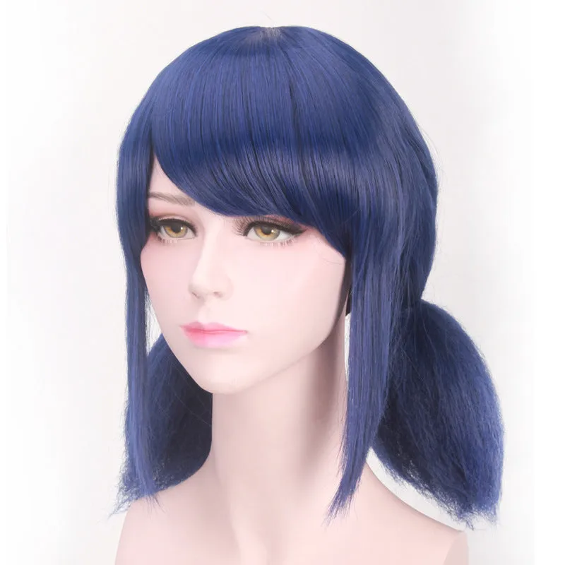 Mixed blue cosplay wig for Ladybug role play with 35cm length and adjustable fit
