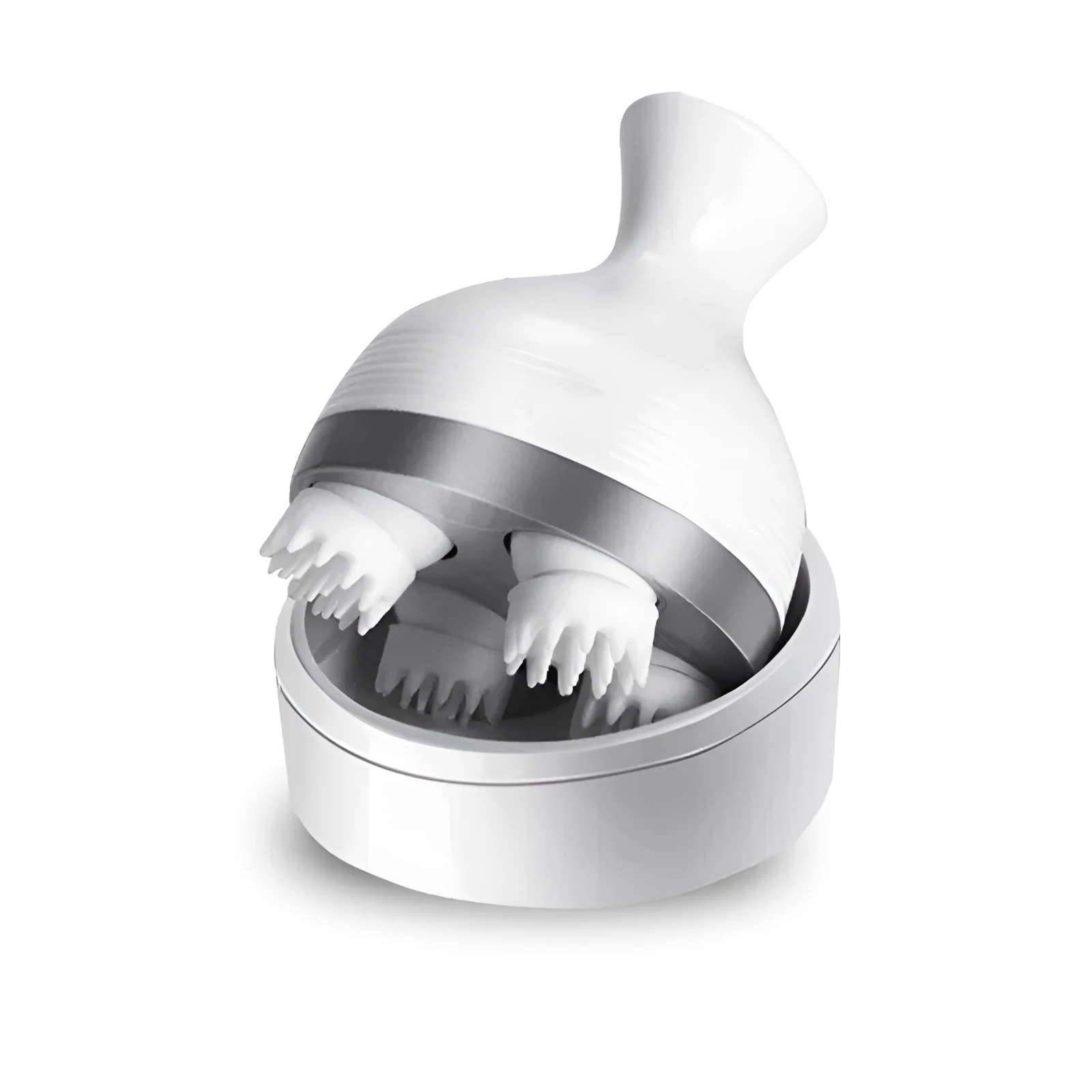 White household cat pet head massager with USB rechargeable base and four massage contacts