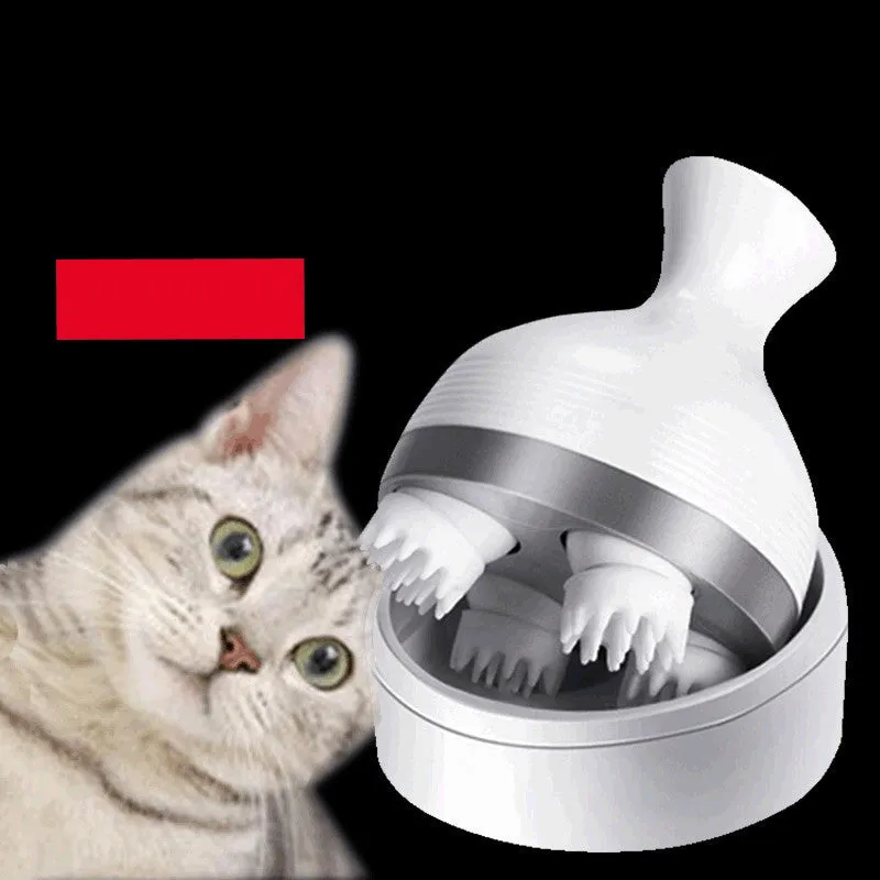 White household cat pet head massager with USB rechargeable base and four massage contacts