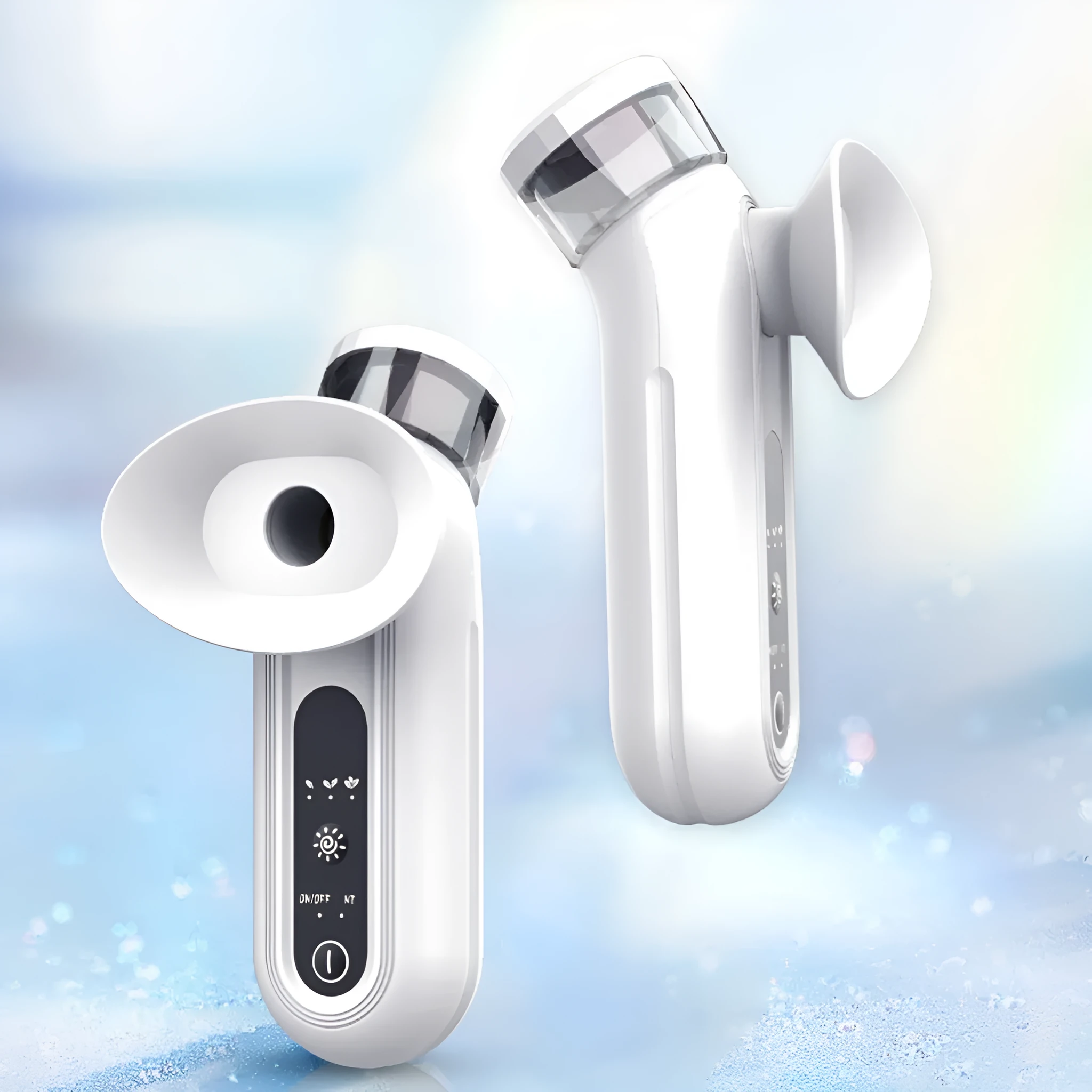White portable electronic eye device with USB charging port and eye mask attachment