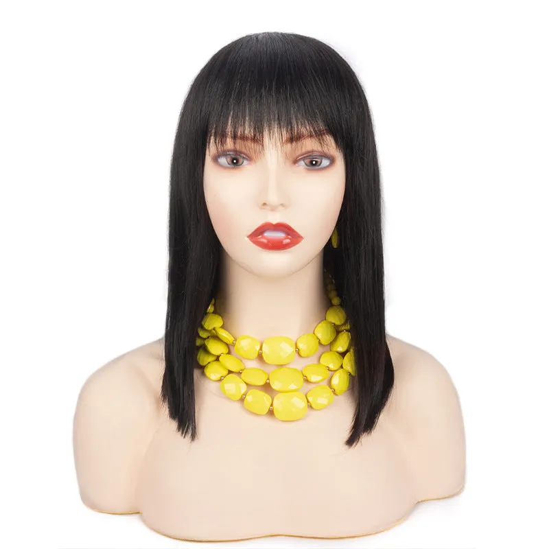 Women's hand-cranked real hair wavy wig natural colour medium length with mechanical rotating wave design