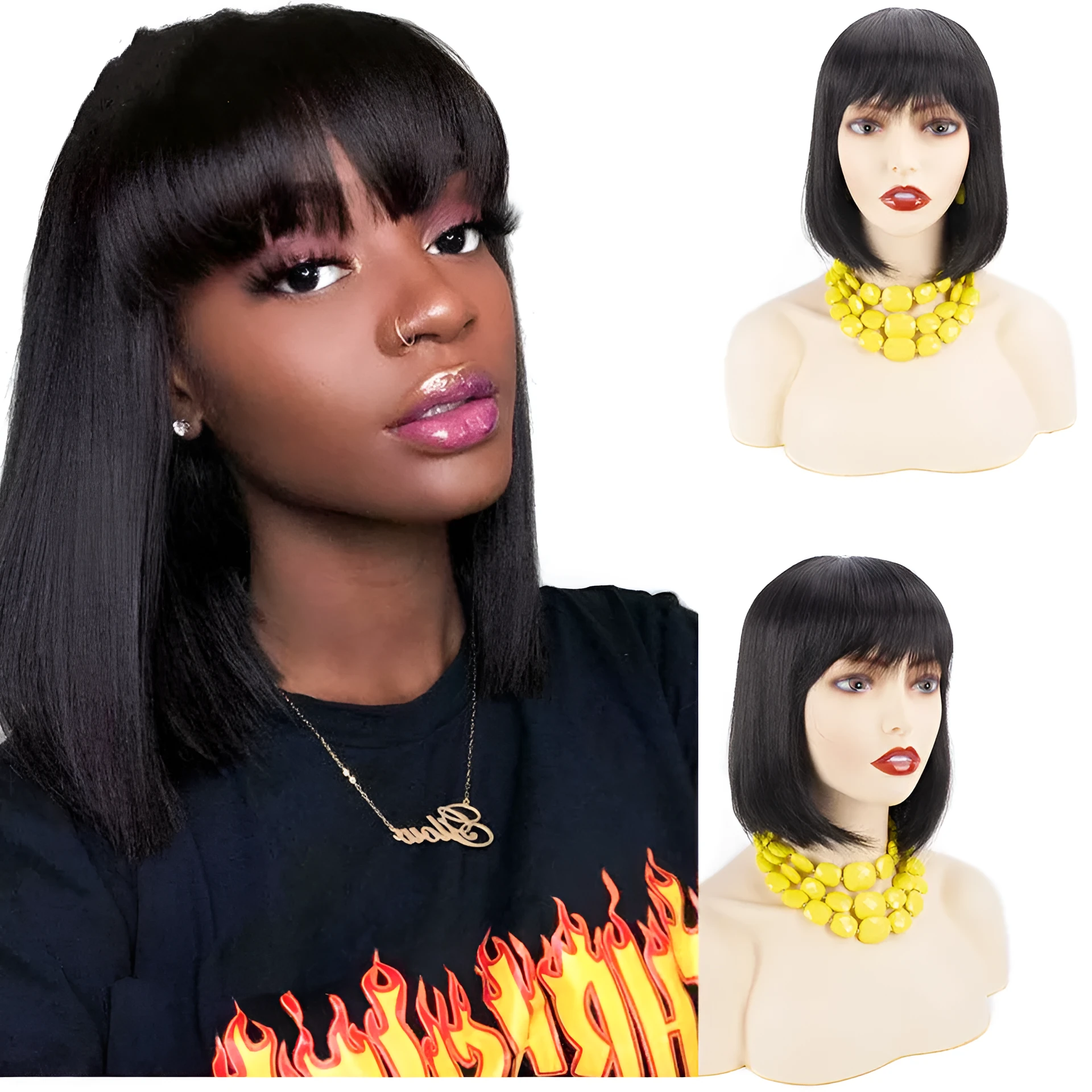 Women's hand-cranked real hair wavy wig natural colour medium length with mechanical rotating wave design
