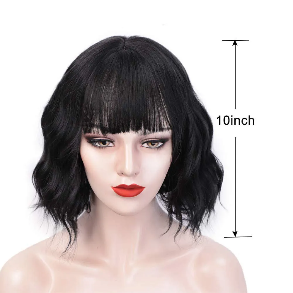 Short curly wig set for ladies Wine Red colour high temperature wire Qi bangs realistic natural look