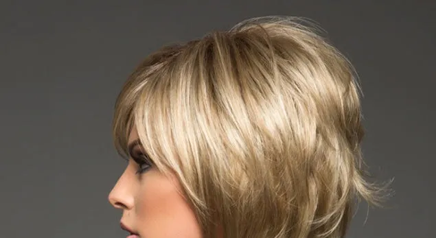Golden wig headgear with high temperature wire hair and oblique bangs on a stand