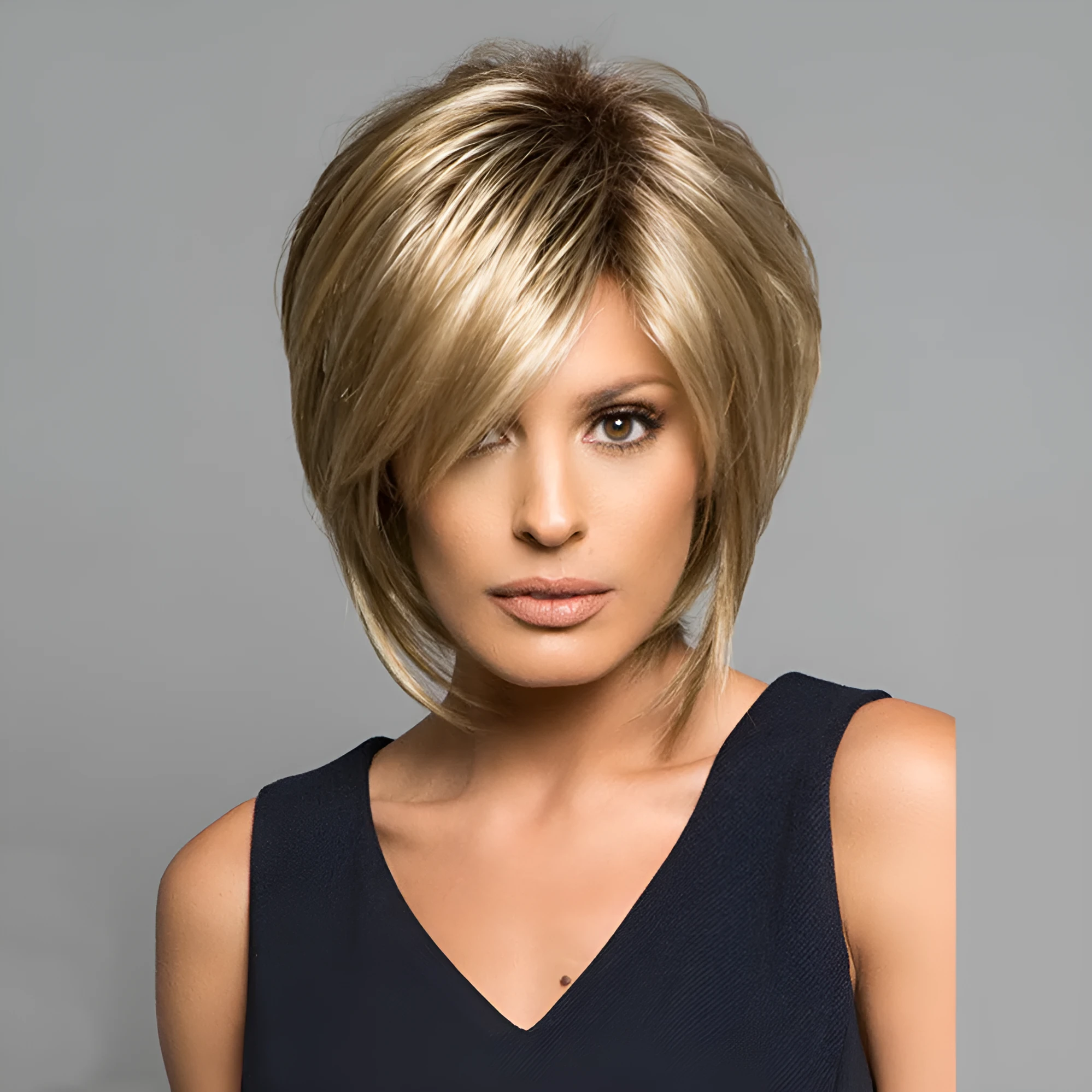 Golden wig headgear with high temperature wire hair and oblique bangs on a stand