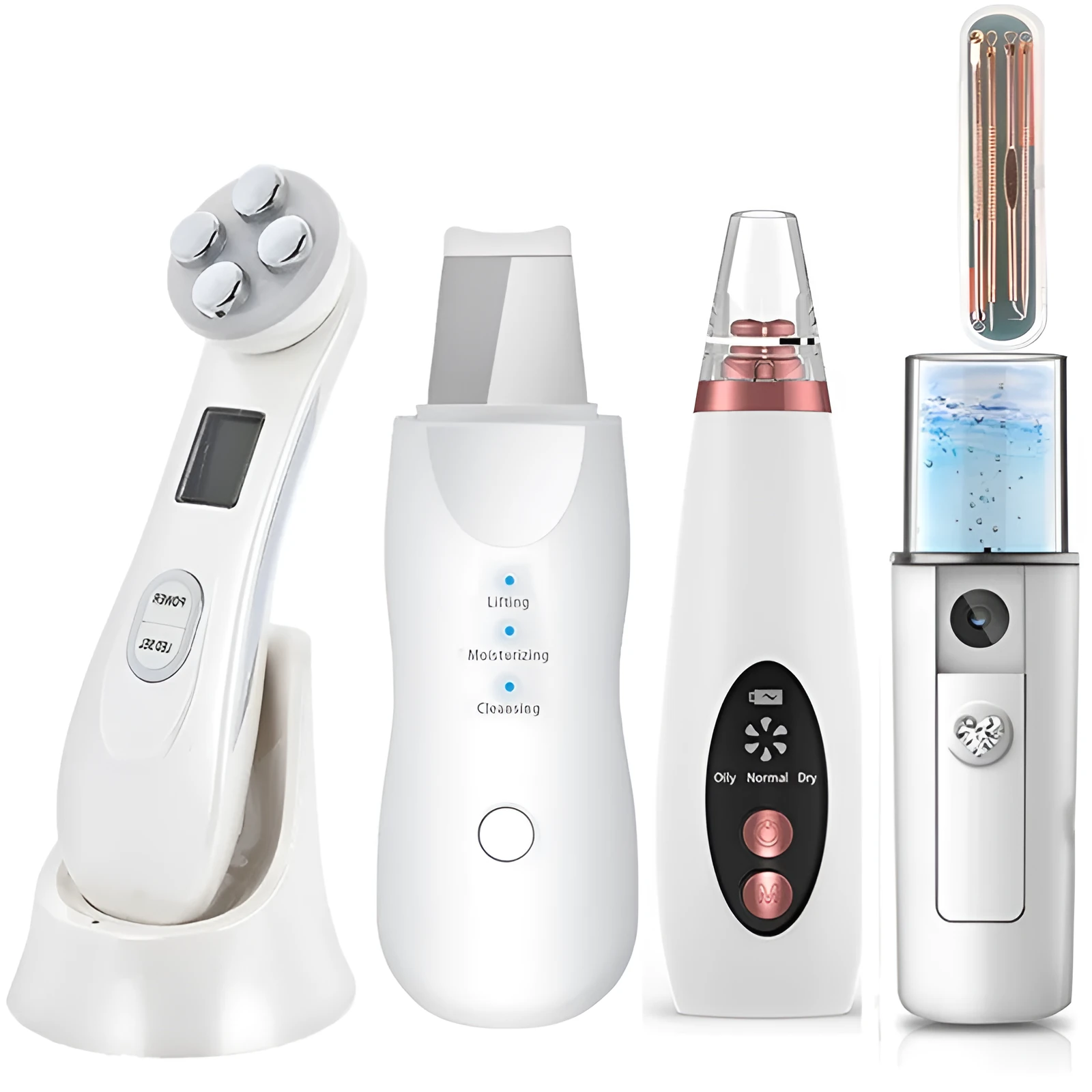 White ABS plastic multi-function facial beauty instrument set including colour light device, nano mist, acne needle and blackhead sucker