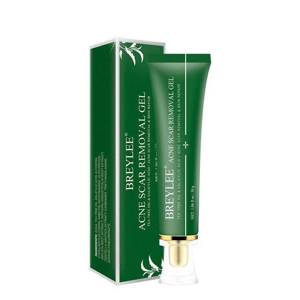 Green acne scar removal gel in a compact tube with tea tree extract for blemish treatment