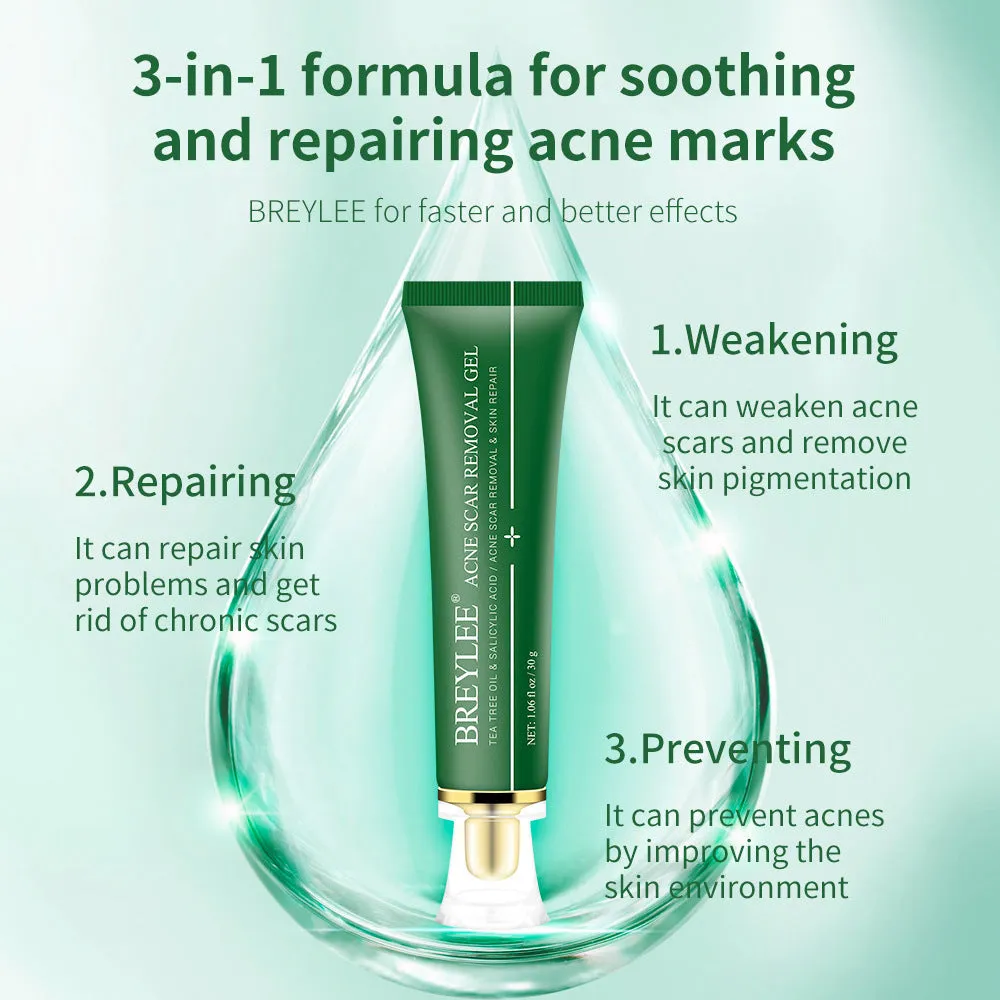 Green acne scar removal gel in a compact tube with tea tree extract for blemish treatment