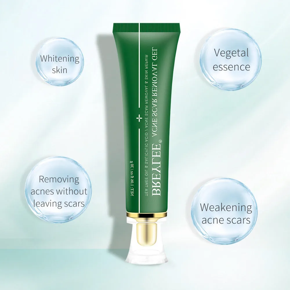 Green acne scar removal gel in a compact tube with tea tree extract for blemish treatment