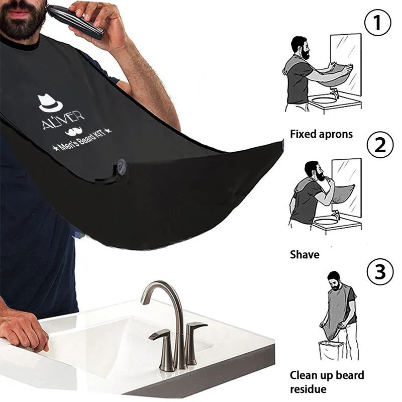 7-piece black beard grooming set with wood brush, metal comb, scissors, apron and cleaning brush on a surface
