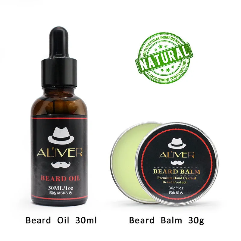7-piece black beard grooming set with wood brush, metal comb, scissors, apron and cleaning brush on a surface