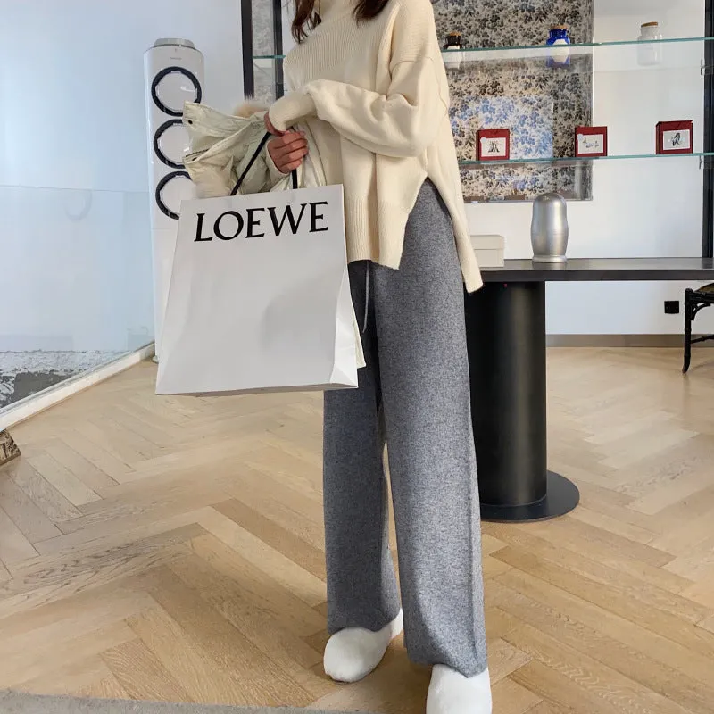 Women's thick knitted wide-leg trousers in high waist design available in four colours