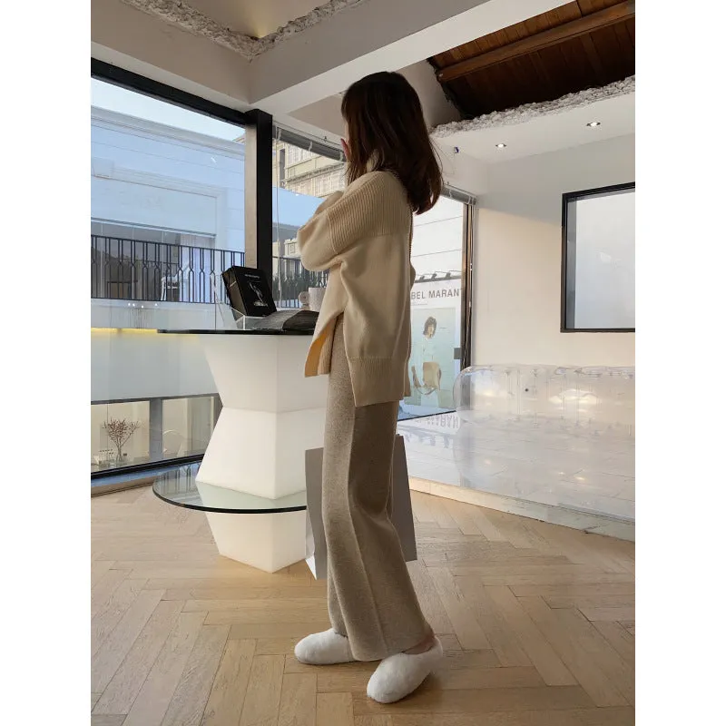 Women's thick knitted wide-leg trousers in high waist design available in four colours