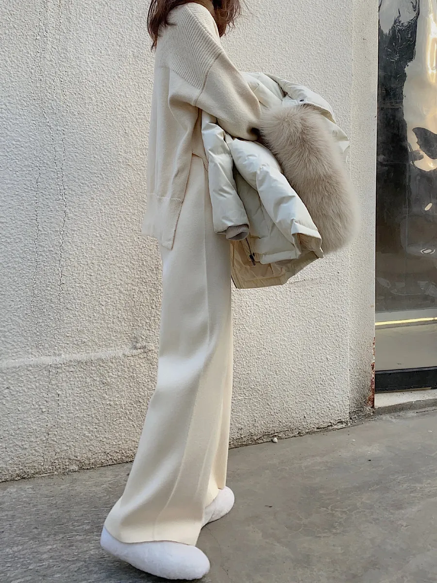 Women's thick knitted wide-leg trousers in high waist design available in four colours
