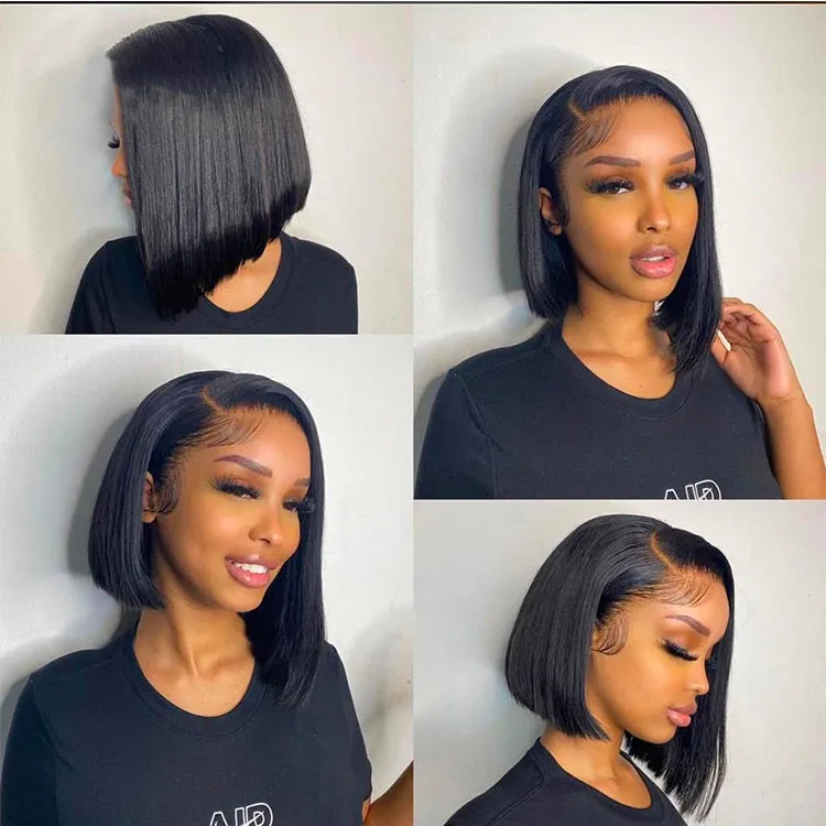 13x4 lace frontal bob straight wig in black, 200% density high temperature silk, lengths 8-16 inches