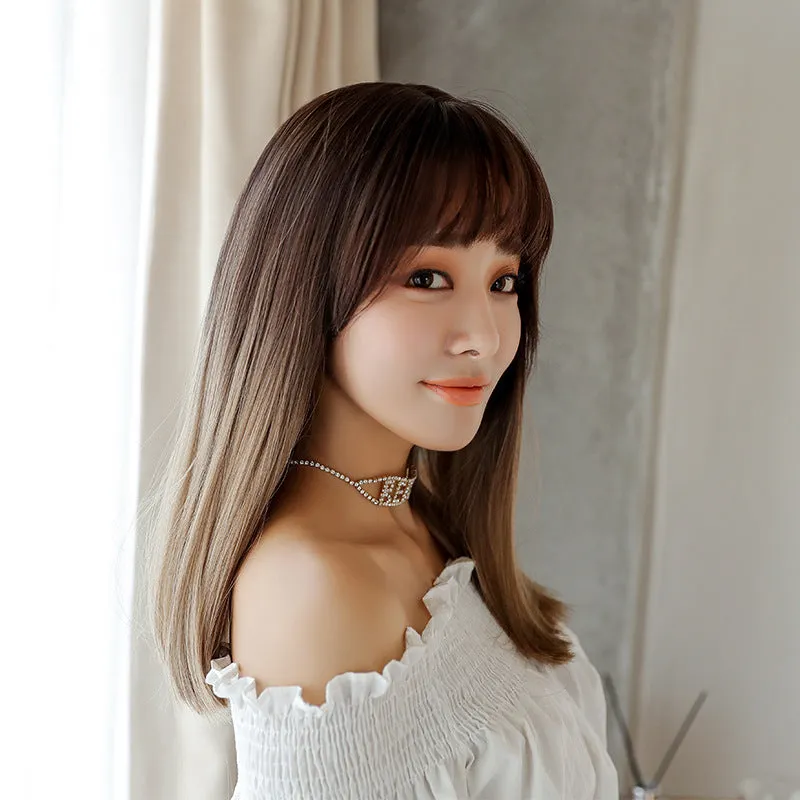 Long straight chemical fibre wig with black top net in pink purple three-colour gradient