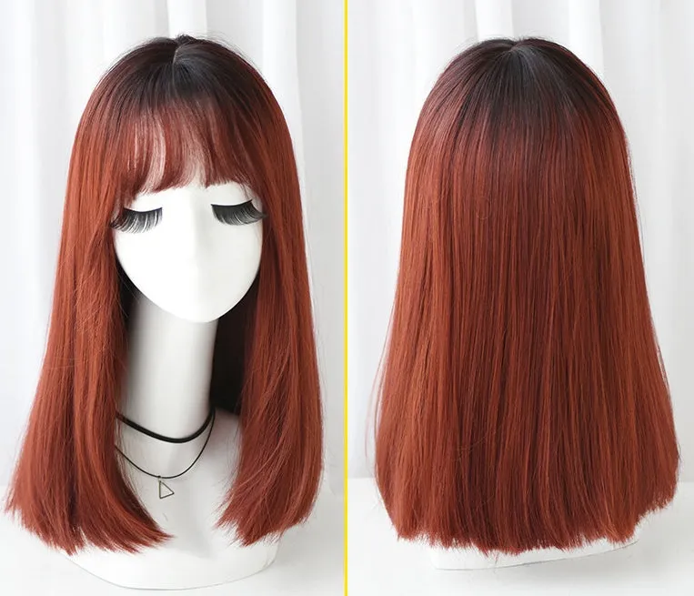 Long straight chemical fibre wig with black top net in pink purple three-colour gradient