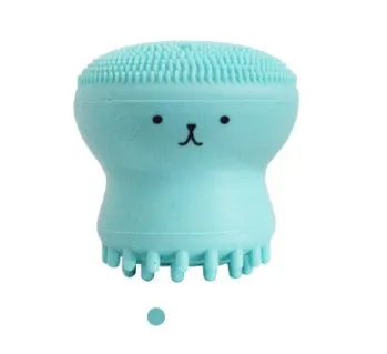 Cartoon octopus silicone wash brush in pink for manual facial cleansing and massage