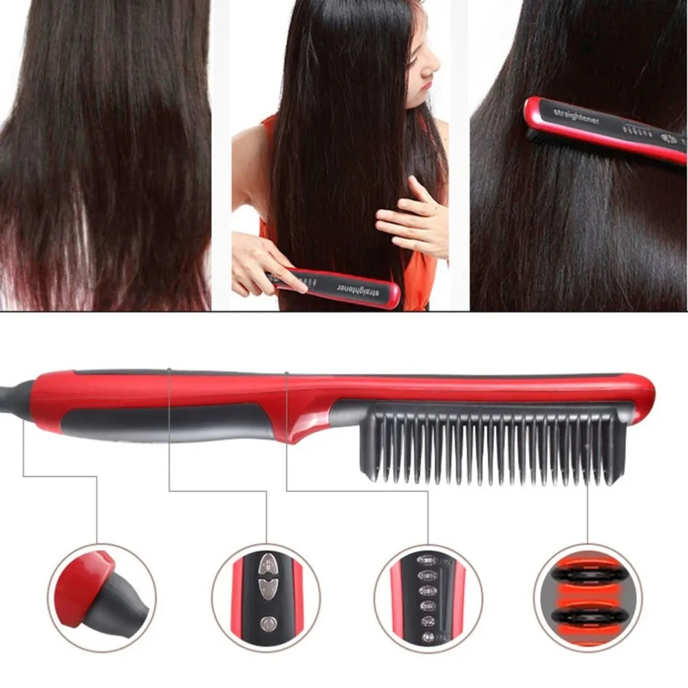 Black and red ceramic hair straightening brush with heated teeth and LED display on white background