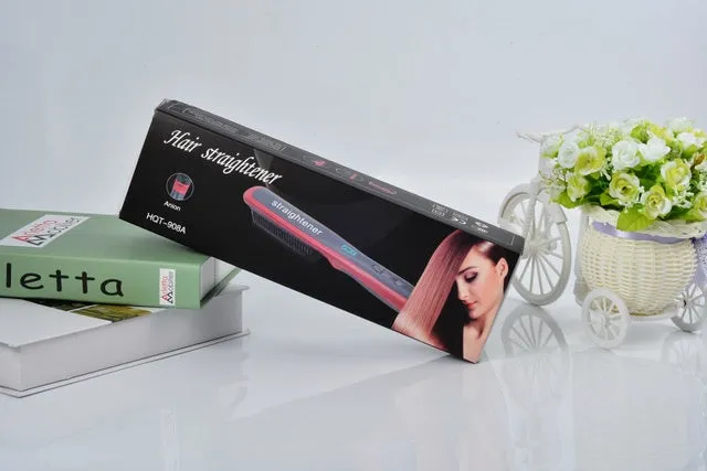 Black and red ceramic hair straightening brush with heated teeth and LED display on white background
