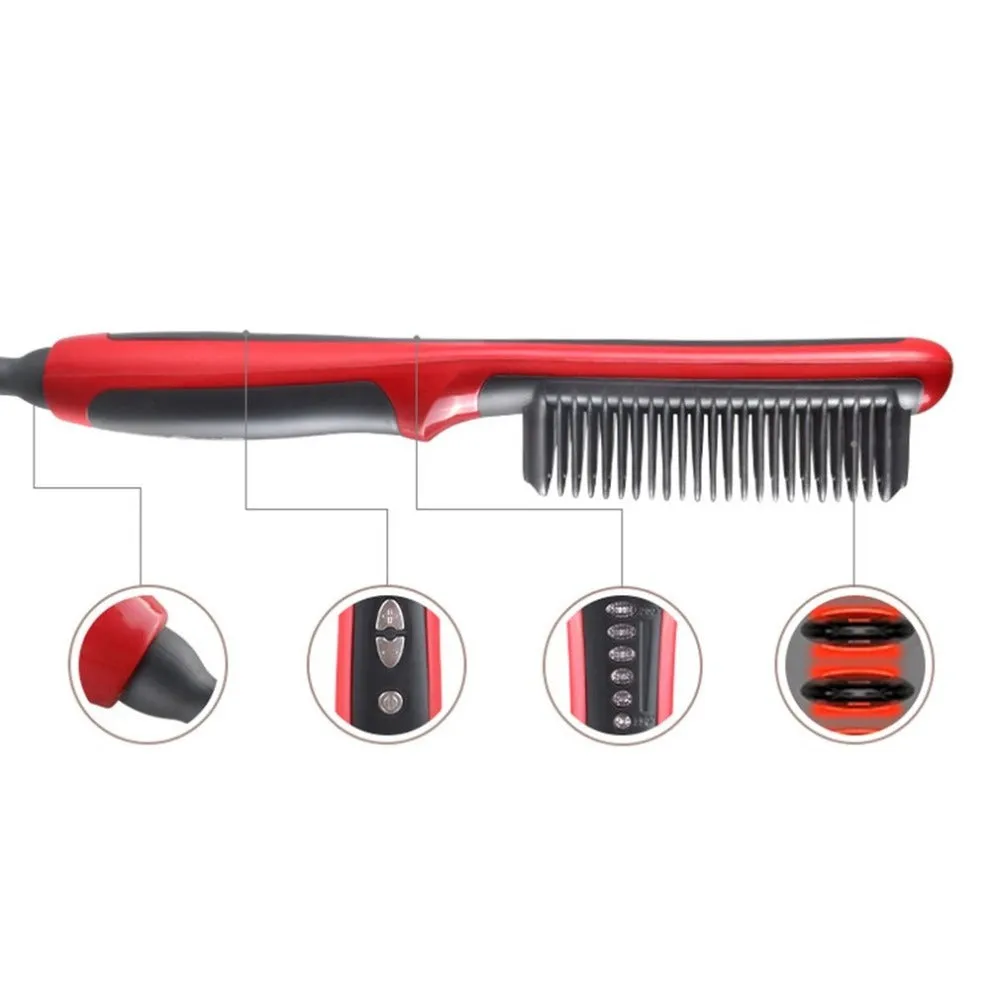 Black and red ceramic hair straightening brush with heated teeth and LED display on white background