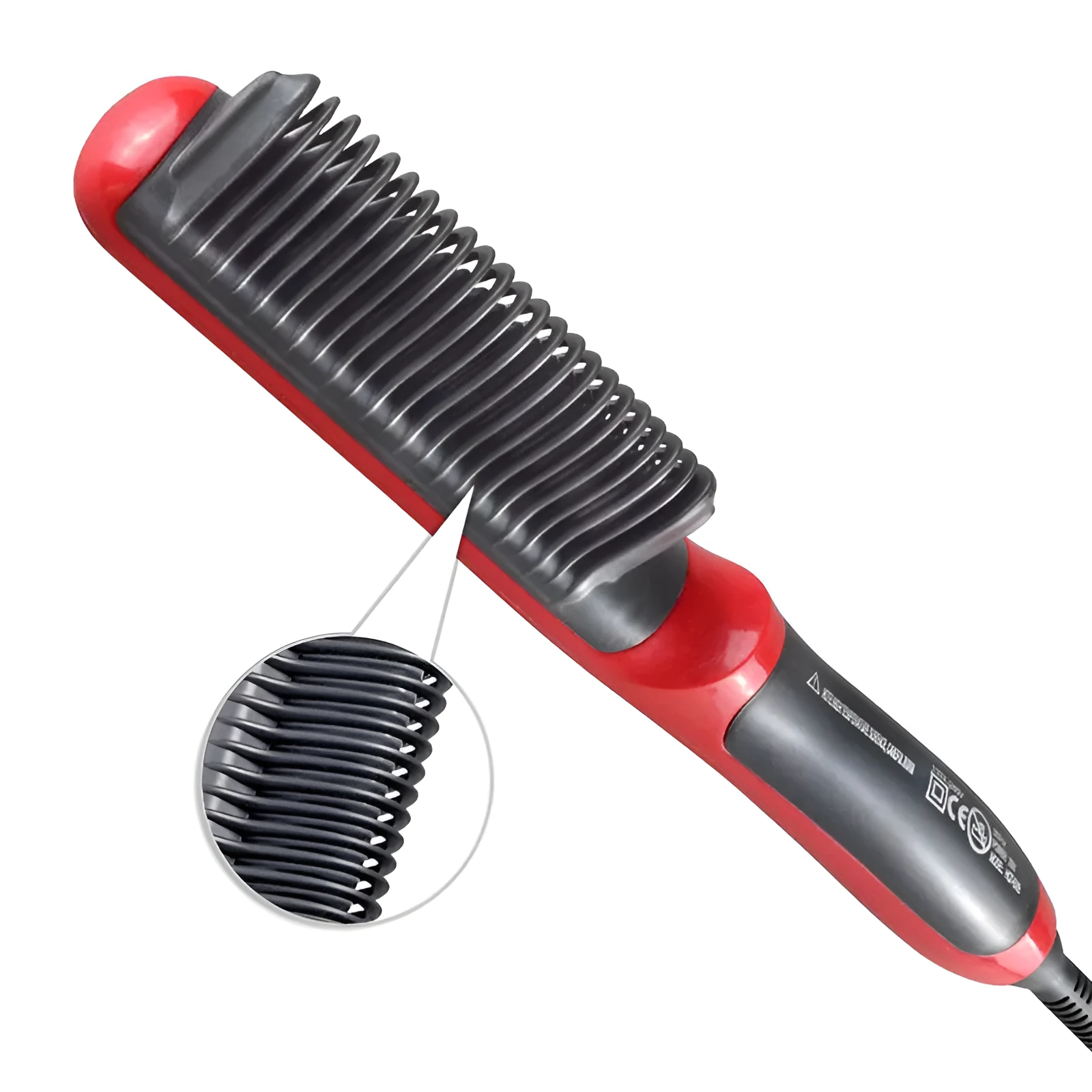 Black and red ceramic hair straightening brush with heated teeth and LED display on white background