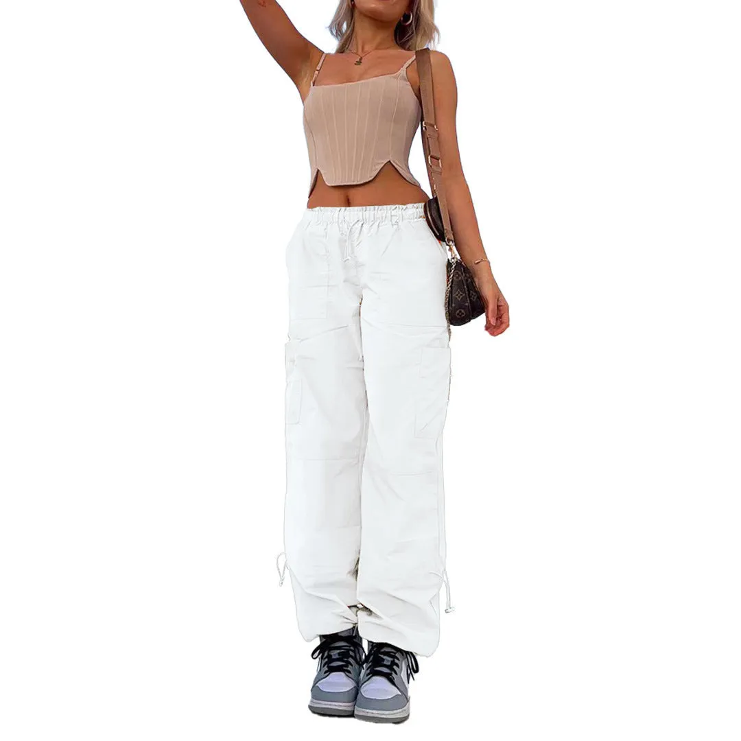 Multi-pocket cargo casual trousers in polyester fabric with straight leg design and mid-waist fit