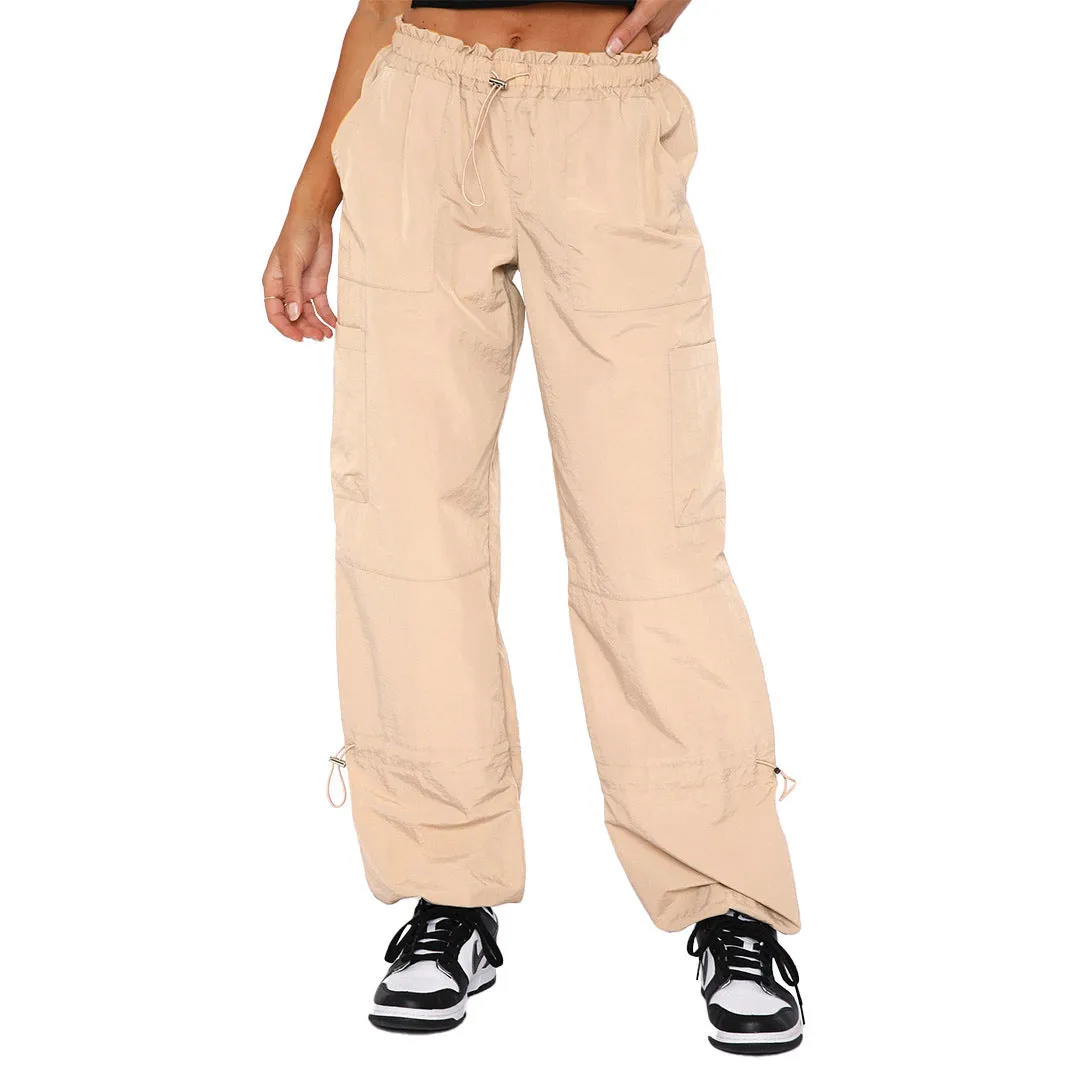 Multi-pocket cargo casual trousers in polyester fabric with straight leg design and mid-waist fit
