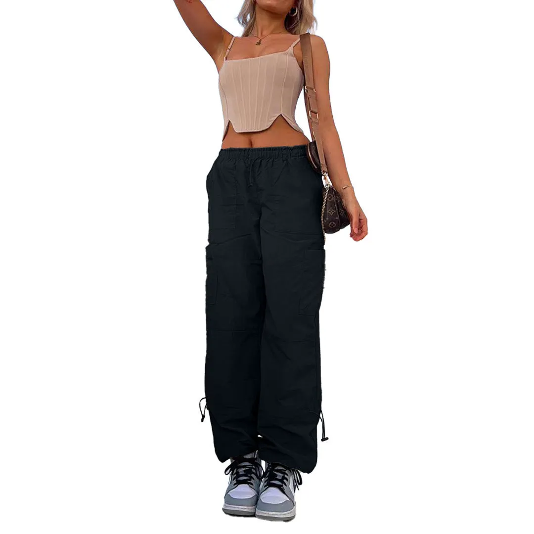 Multi-pocket cargo casual trousers in polyester fabric with straight leg design and mid-waist fit