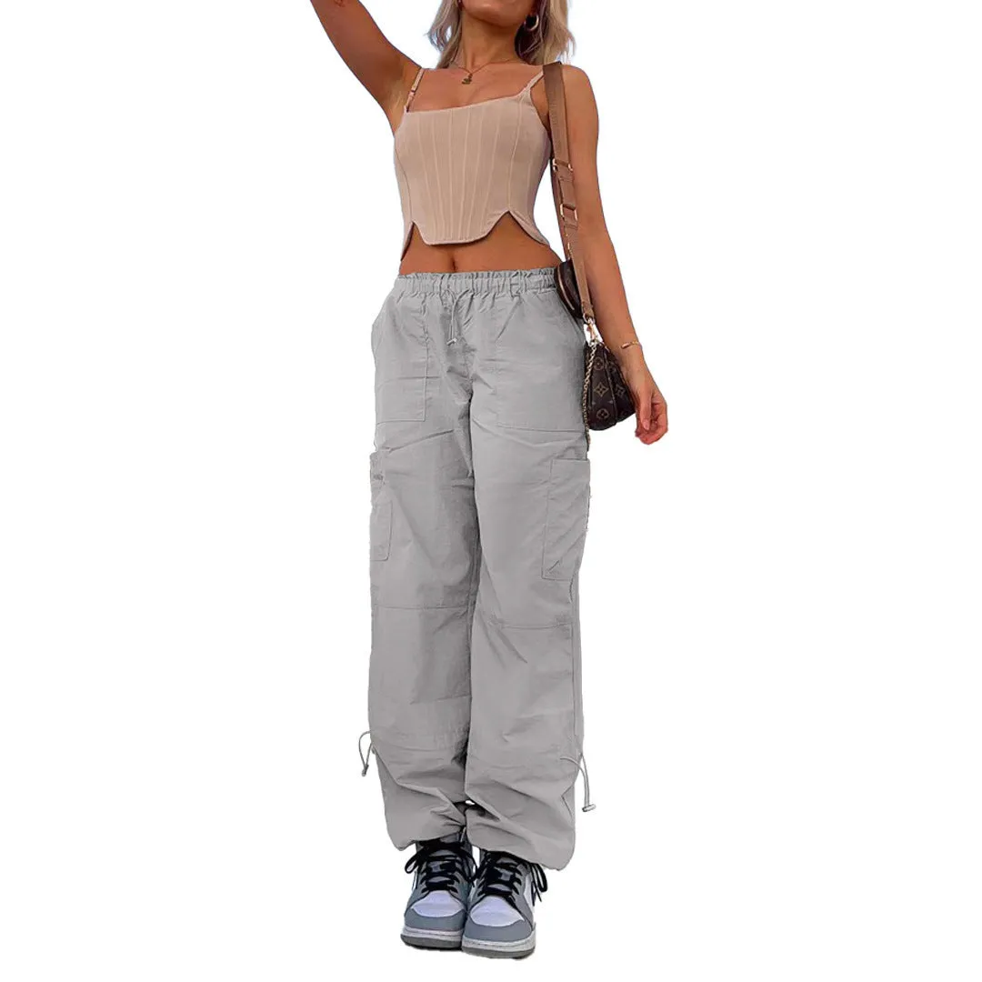 Multi-pocket cargo casual trousers in polyester fabric with straight leg design and mid-waist fit