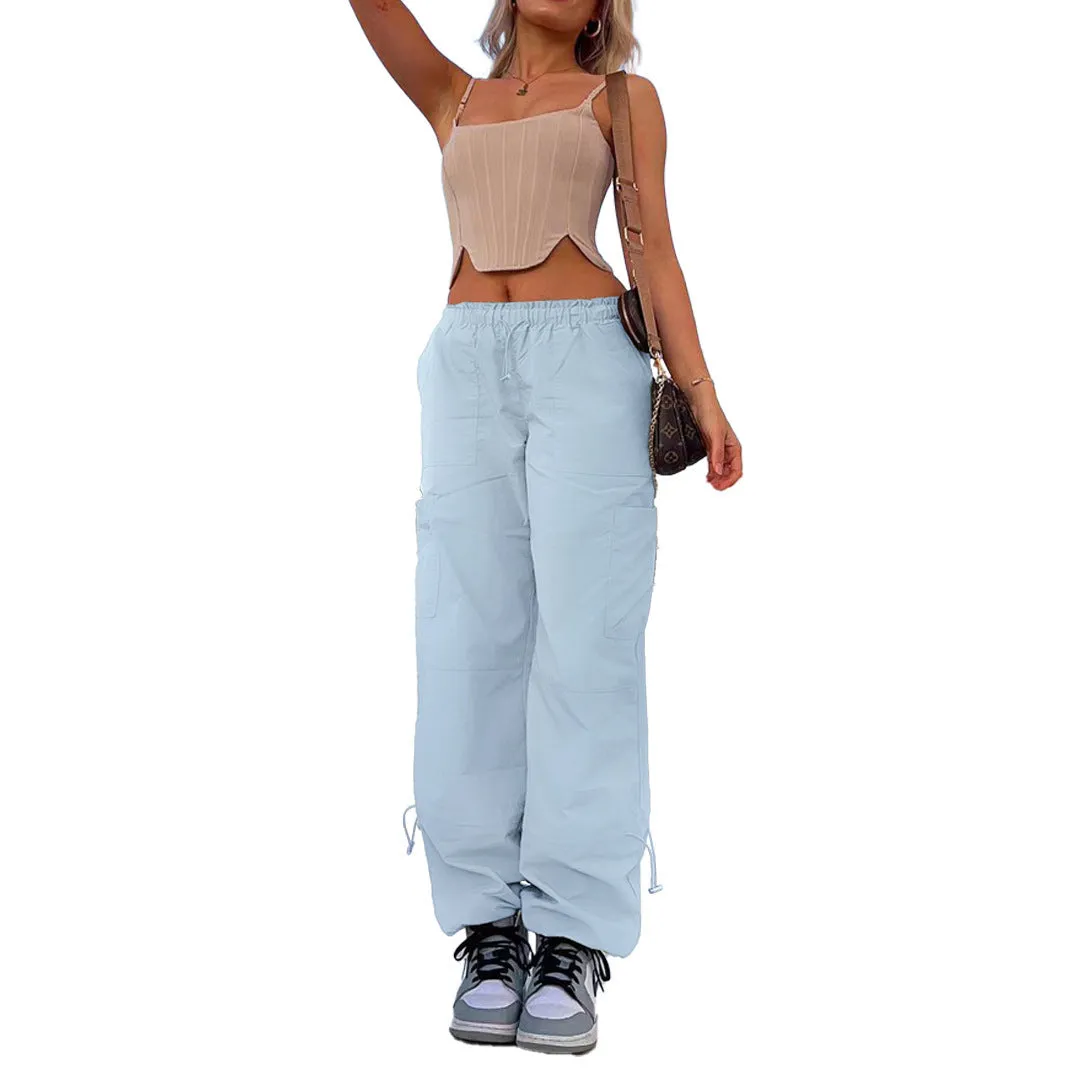 Multi-pocket cargo casual trousers in polyester fabric with straight leg design and mid-waist fit