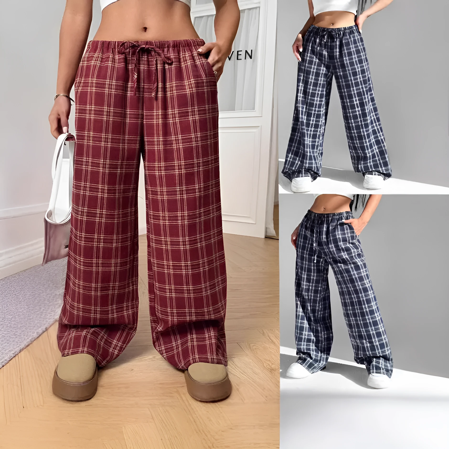 Women's blue plaid trousers with elastic drawstring waist and patch pockets laid flat