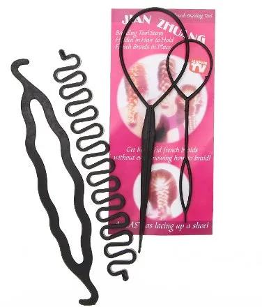Set of three plastic hair styling tools: double hook needle, French braiding tool, and two pull hair needles on black background