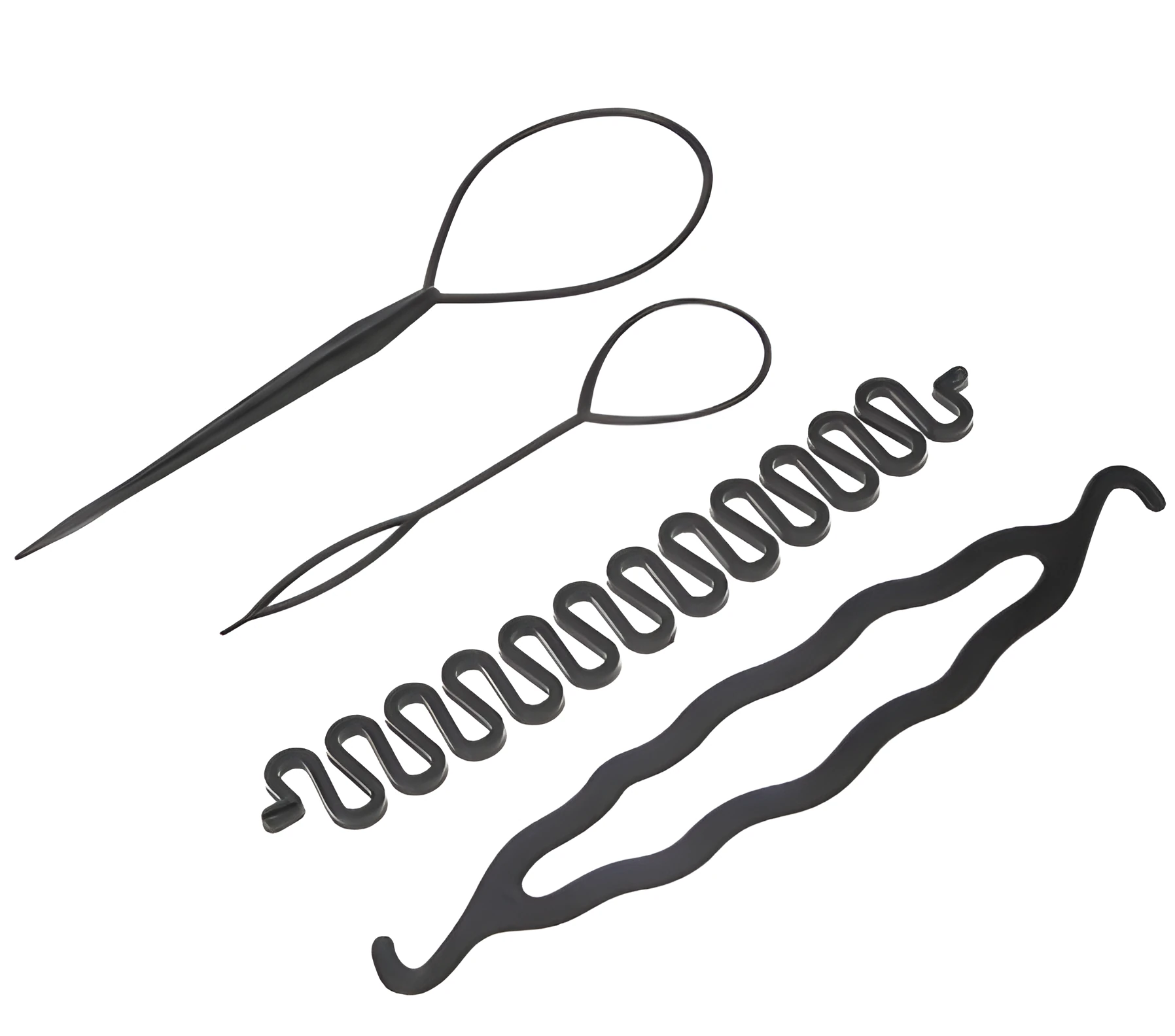 Set of three plastic hair styling tools: double hook needle, French braiding tool, and two pull hair needles on black background