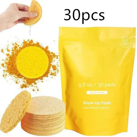 Yellow compressed turmeric cleansing pad with kojic acid, made of sponge material, for facial cleansing