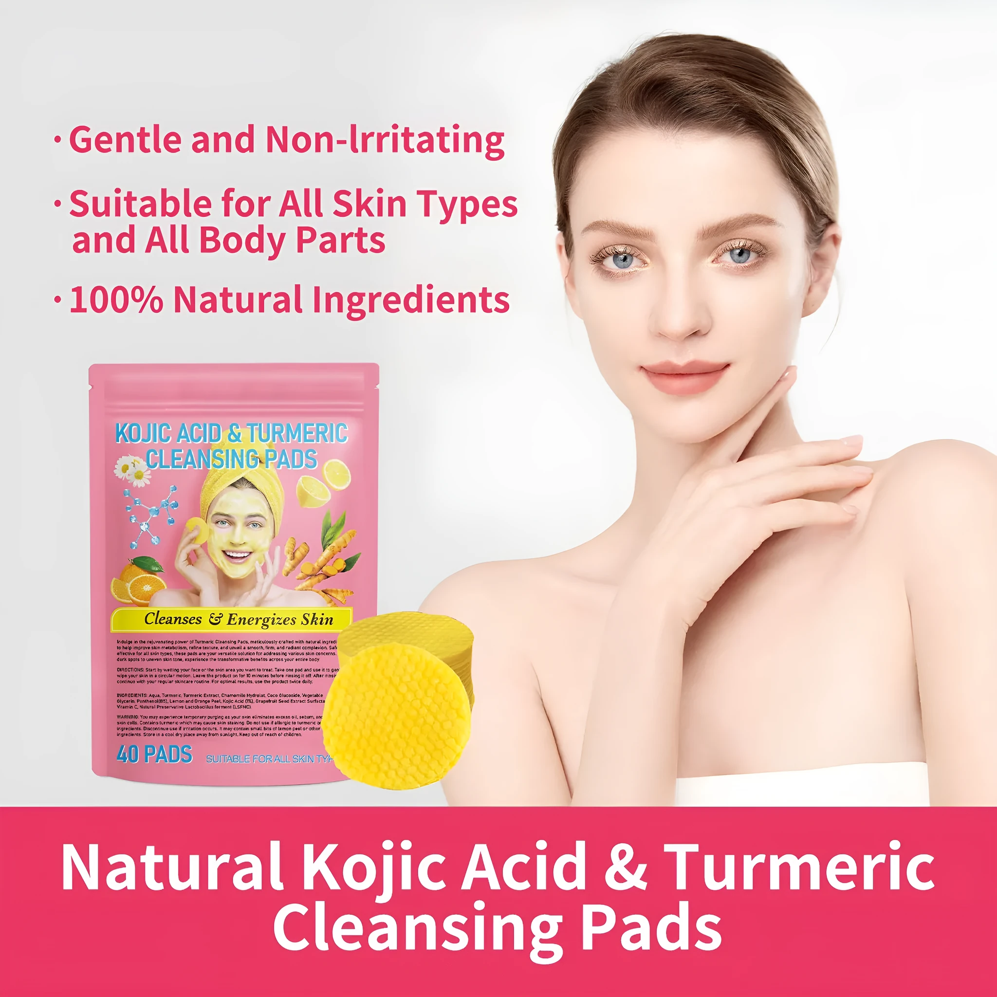 Yellow compressed turmeric cleansing pad with kojic acid, made of sponge material, for facial cleansing