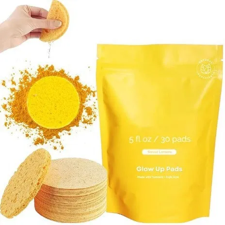 Yellow compressed turmeric cleansing pad with kojic acid, made of sponge material, for facial cleansing