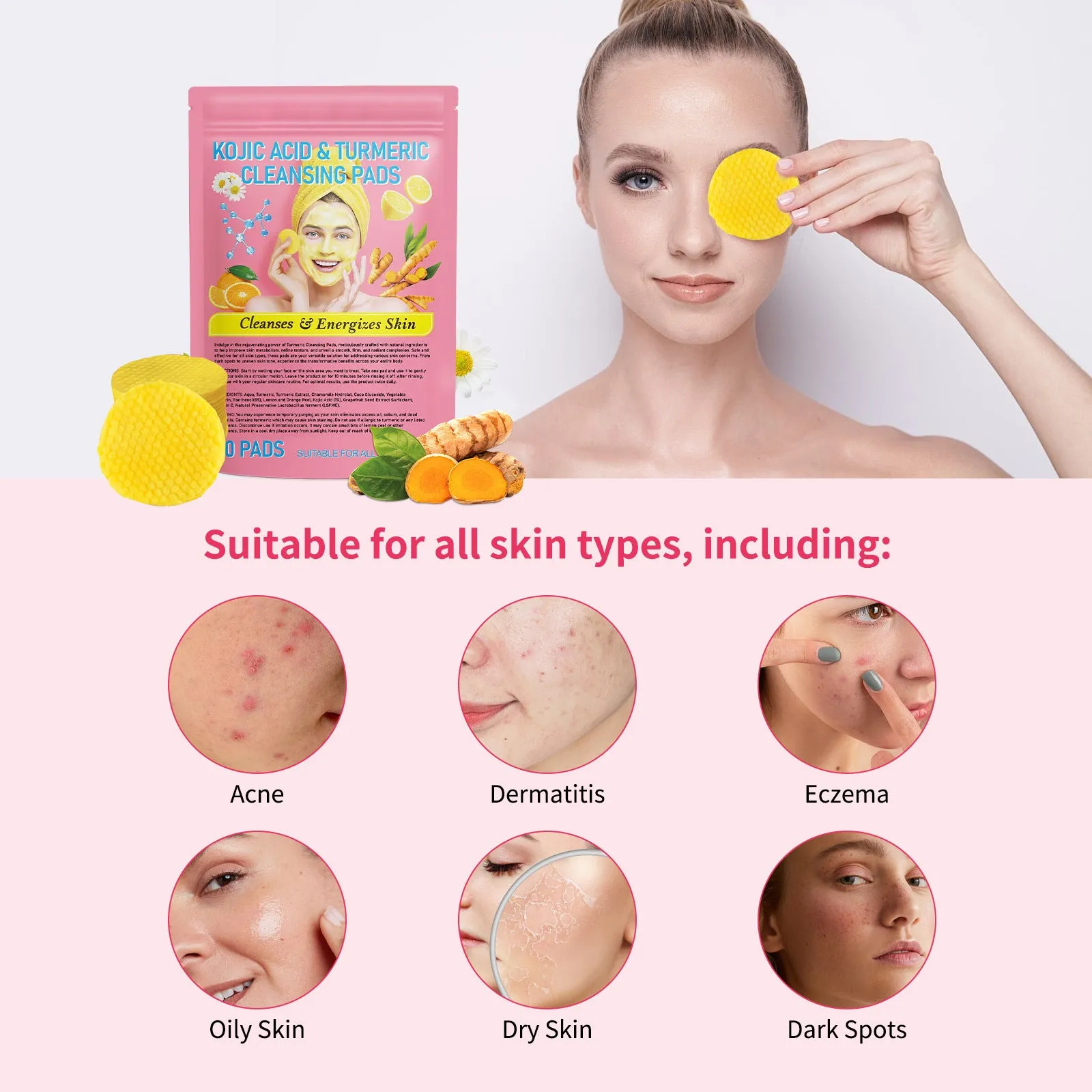 Yellow compressed turmeric cleansing pad with kojic acid, made of sponge material, for facial cleansing